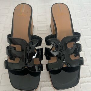 Sam Edelman Dev Black Patent Cork Platform Heels Retro Inspired NEW Size 9